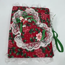 Vintage Handmade Fabric Lace Padded Christmas Santa Photo Album Poinsettias