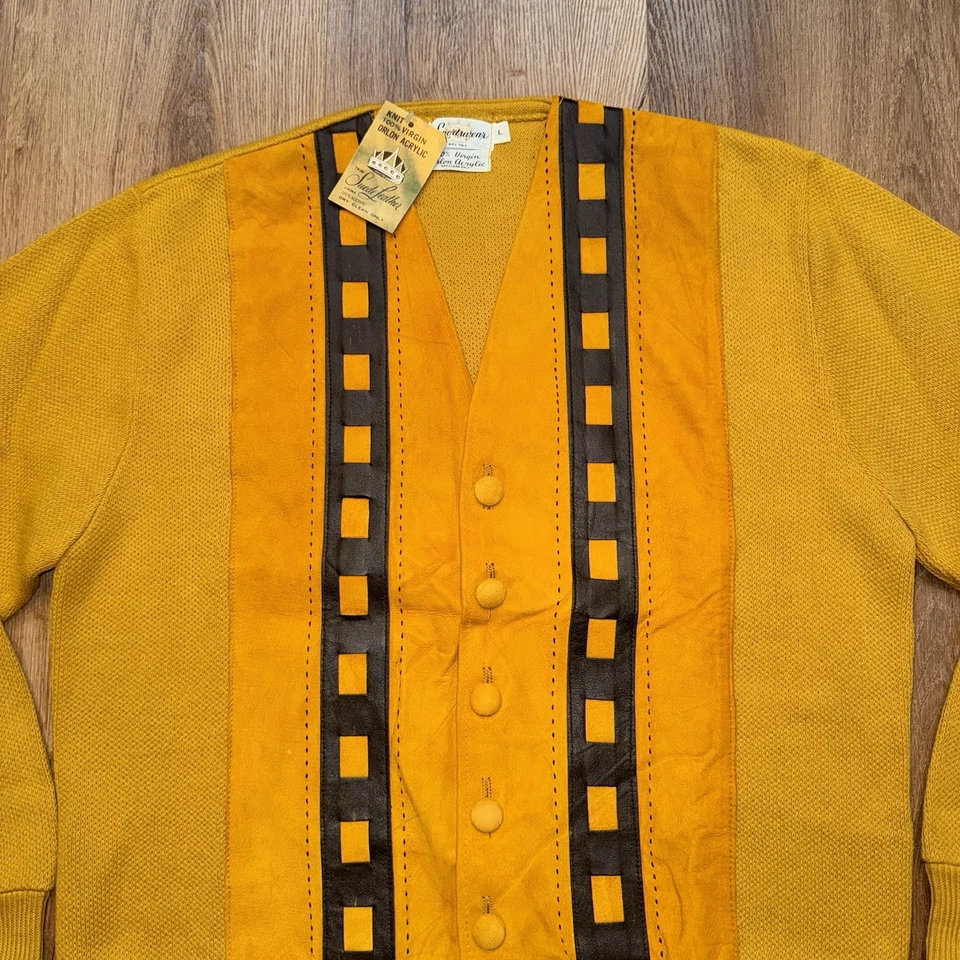De Colección Años 50 60 Ropa Deportiva Suéter Para Hombres Cárdigan Cuero Gamuza MCM Mod Nuevo de Lote Antiguo Grande Foto 3 de 4