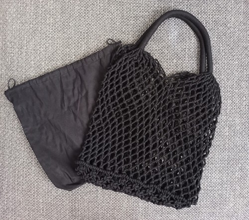 Makramee Boho Tasche mit Innenbeutel Tragetasche geknüpft Netztasche Schwarz