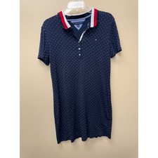 Tommy Hilfiger Women Navy Blue Polka Dot Polo Dress Short Sleeve Tipped Collar L