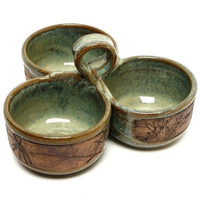 Studio Art Pottery 3 Dipping Sauce or Condiment 8 Oz Serving Bowl Caddy Handmade