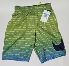 BOYS MEDIUM NIKE Green Midnight Navy SHARK STRIPE BREAKER 8" VOLLEY SWIM SHORTS