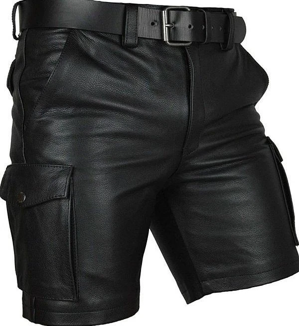 Men Cargo Leather Shorts Black Casual 5 Pocket Zipper Fly Cowhide Leather Shorts