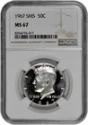 1967 SMS 50C 40% Silver Kennedy NGC Graded MS 67 Light Cameo
