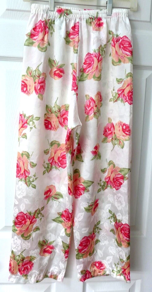 Talbots Petites Cabbage Rose Pink Floral White Satin Lounge Pant Pajamas P NEW - Image 3 of 4
