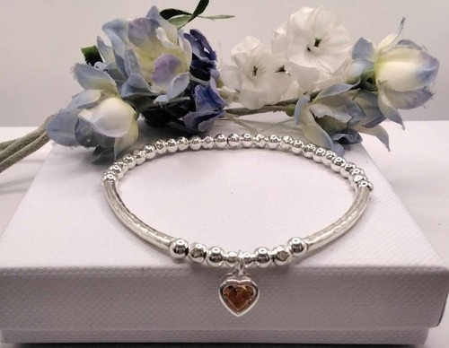 925 Sterling Silver Stretch Topaz Glass Birthstone Heart Charm Bracelet November - Picture 3 of 4