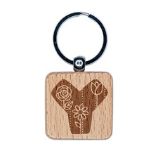 Sweet and Cute Flowers Rounded Block Letter Y Engraved Wood Square Keychain