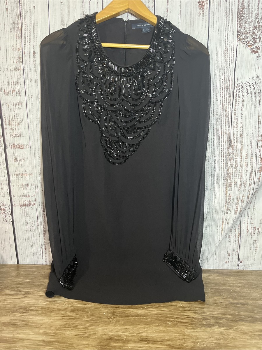 French Connection Beautiful Beaded Black Silk Long Top/dress 2 French Connection Beautiful Beaded Black Silk Long Top/dress 2