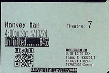 Monkey Man Movie Ticket Stub Regal Cinemas Texas Opening Week Matinee 4/18/2024