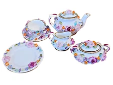 Coalport Coalbrookdale Floral Encrusted & Gold 8pc Miniature Tea Set Boxed