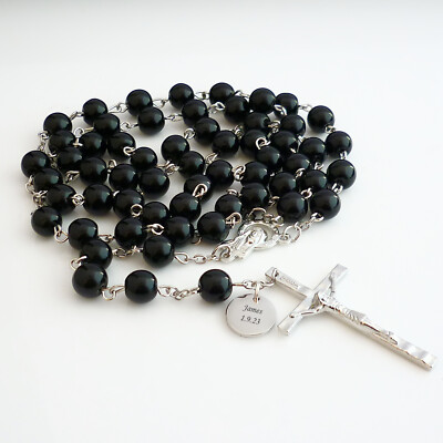 Personalisierte schwarze Rosenkranz Perlen, Geschenk mit Gravur, Erstkommunion, Jungen
