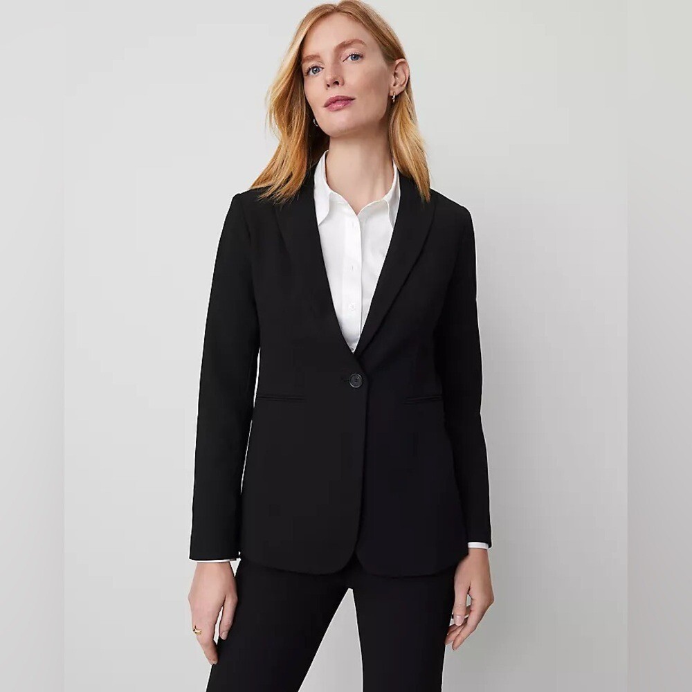 NWOT Ann Taylor The Long One-Button Blazer in Bi-Stretch Black Size 10  Workwear