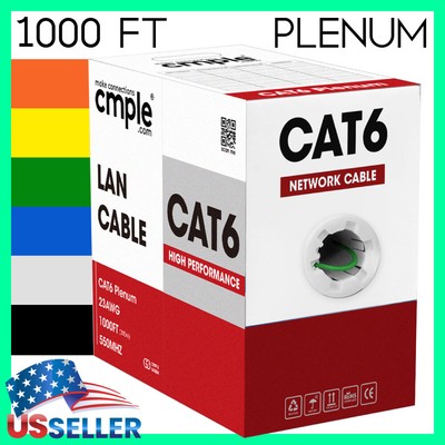 Plenum CAT6 Cable Bulk 1000FT 23AWG UTP Solid Wire 550MHz RJ45 CMP Ethernet Cord