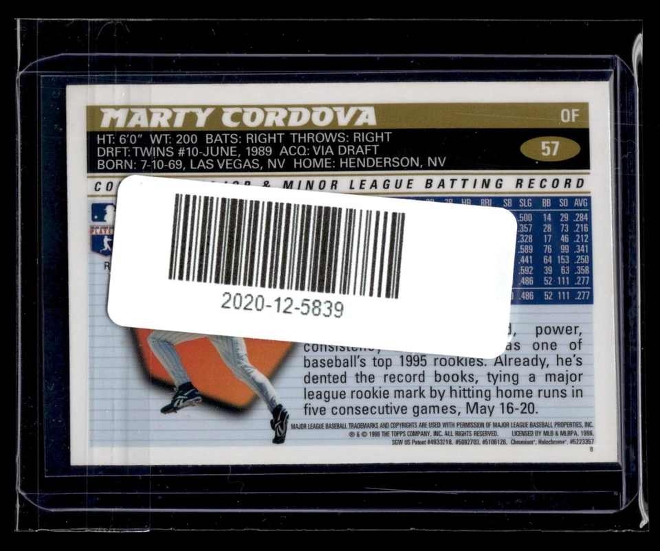 1996 Topps Chrome Refractor #57 Marty Cordova Twins *¡Conjunto icónico!* Foto 2 de 2