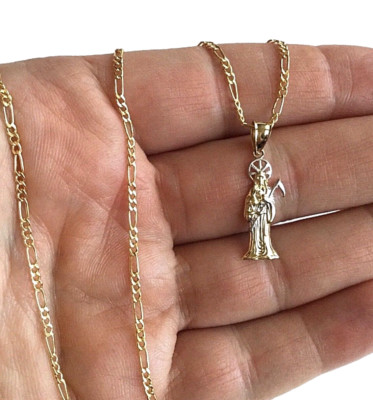 Massiver 14K Gold Santa Muerte Sensenmann Anhänger 18'' Figaro Halskette - PT098-1