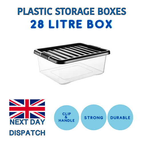 Plastic Storage Boxes Small Medium Large Lids Strong Quality 28 Litres ...