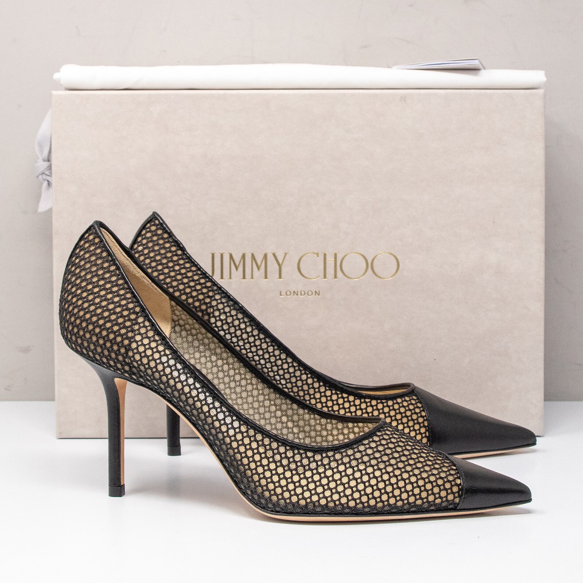 Jimmy Choo Love 85, Size 37 (7 US) Asymmetrical Mesh Black