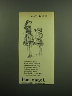 1949 Jane Engel Dresses Ad - Two alike in pique