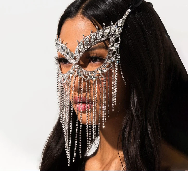 Rhinestone Face Mask Dangling Tassel Masquerade Ball Bling Rave Festival Jewelry