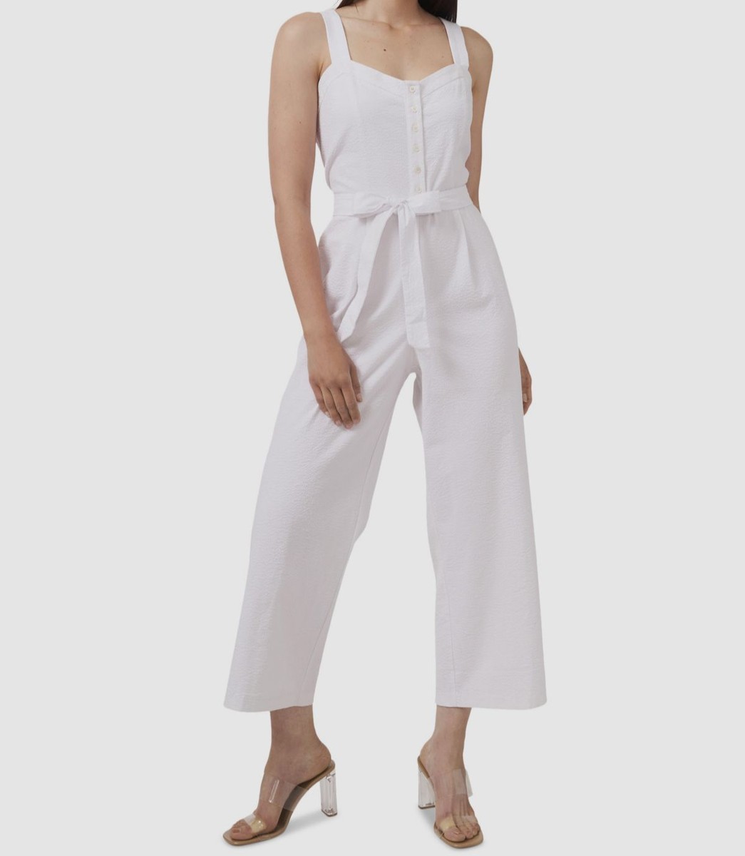 $109 Riley Rae Women's White Belted Scarlett Seersucker Button-Top  Jumpsuit