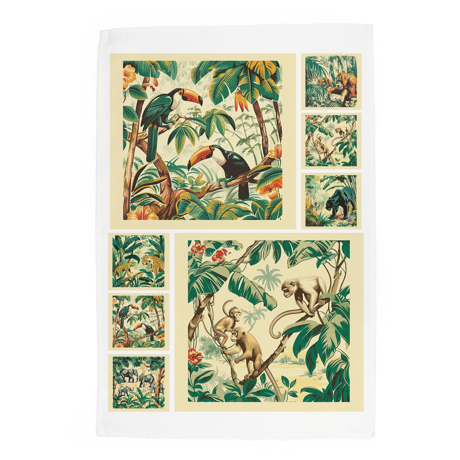Vintage Jungle Animals Tea Towel - Exotic Safari Kitchen Towel/Drying Cloth Gift