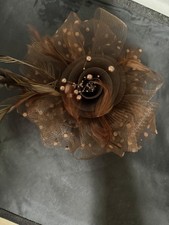 Brown Fascinator Hair Clip Feather Mesh Flower Polka Dot Pearl Wedding Derby