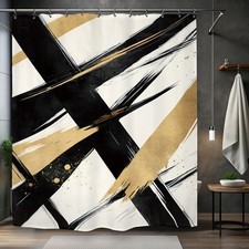 Abstract Modern Minimalist Shower Curtain 60Wx72L Inch Black Gold Neutral Con...