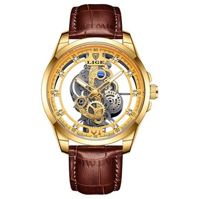 LIGE Men Skeleton Quartz Watch Luxury Stainless Steel Vintage Style Wristwatch