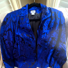 Chico's Women's Blue/Black Floral Open Front Lined Collared Short Jacket 1
