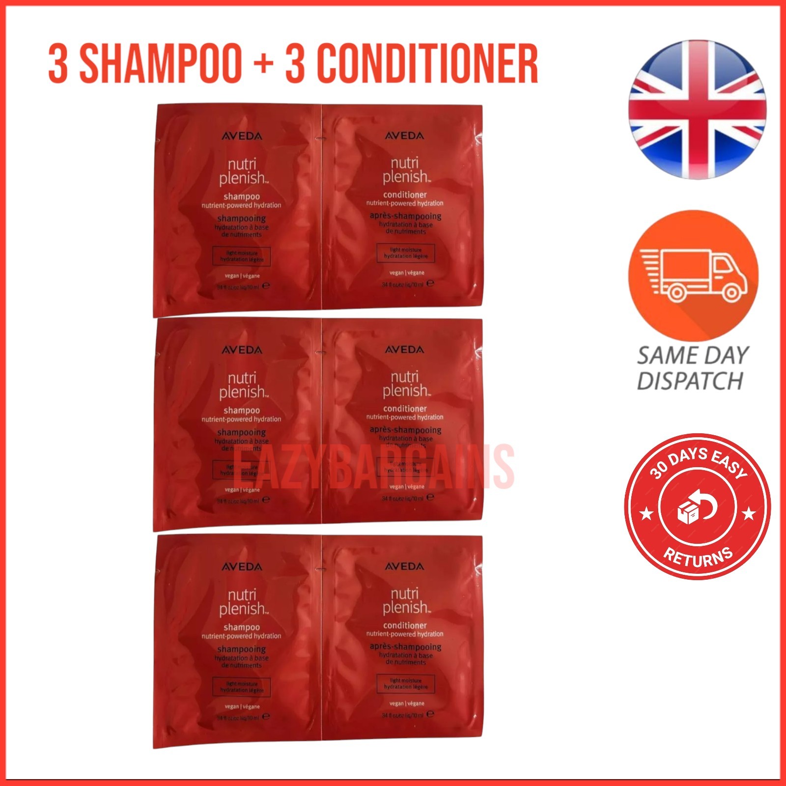 3x Aveda Nutriplenish Nutrient-Powered Hydration Shampoo & Conditioner 20ml