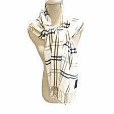 Cejon Unisex Plaid Grey Ivory Tan Plaid Scarf Made In Italy Acrylic Super Soft