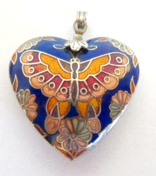 Vintage Chinese Blue & Coral Cloisonne Enamel Butterfly Puffy Heart Pendant