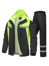 SaphiRose Mens Rain Suit High Visibility Reflective Work Rain Jacket Pants for