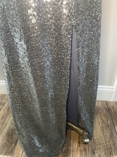Dessy Collection Women’s Silver Sequin Gown Maxi Dress Front Slit Cowl Back - Picture 6 of 9