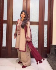 New Designer Beige Faux Georgette Salwar Kameez With Dupatta For Women