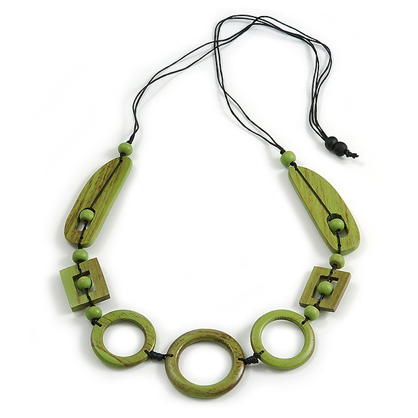 Long Geometric Lime Green Painted Wood Bead Black Cord Necklace - 100cm Max/