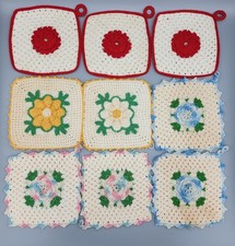 9 Vintage Handmade Crocheted Granny Square Potholders Floral Multicolor + Bonus