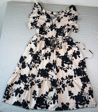 A New Day Womens XL Beige Black Floral Flutter Sleeve Tiered Midi Dress