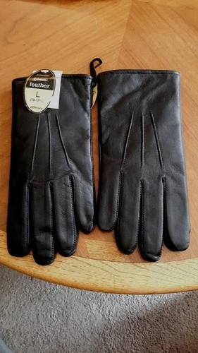 New W Tags JC Penny Genuine Black Leather Gloves~Real Fur Lined SZ L  10-10.5 