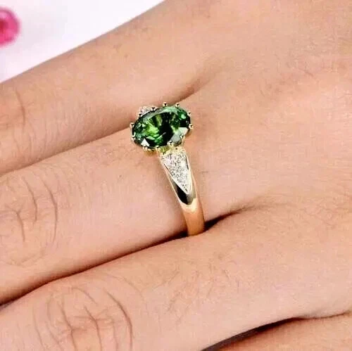 2CT Oval Lab Created Emerald Diamond Women's Wedding Ring 14K Yellow Gold Plated - Image 2 of 3