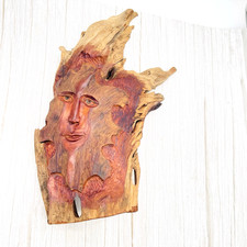 Hand Carved Wood Face Old Man Tree Spirit Sculpture Folk Art Decor 15x12" Signed