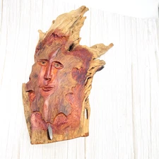 Hand Carved Wood Face Old Man Tree Spirit Sculpture Folk Art Decor 15x12" Signed