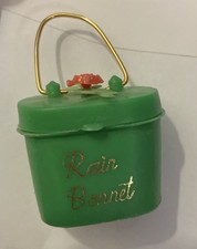 Vintage Green Rain Bonnet In Mini Plastic Case W/ Red Flower 1950s NOS MCM L K