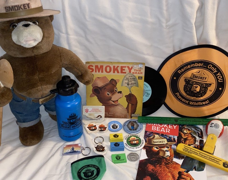 Vtg Smokey Bear Lot (21) Plush-1994 45-Vinyl Buttons National Park Ranger 