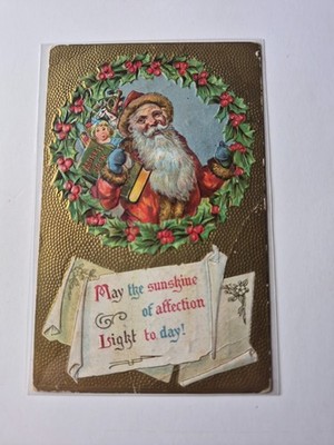 Old Christmas Antique Postcard Santa Holding Address Book & Toys Postmarked 1910