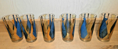 MCM Six (6) Fred Press Blue, Gold glass tumblers with abstract bottle design