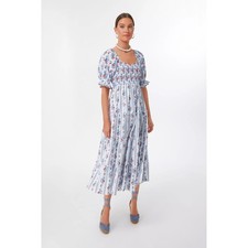 Pink City Prints Cindy Alpine Mix Blue Red Floral Smocked Tiered Midi Large