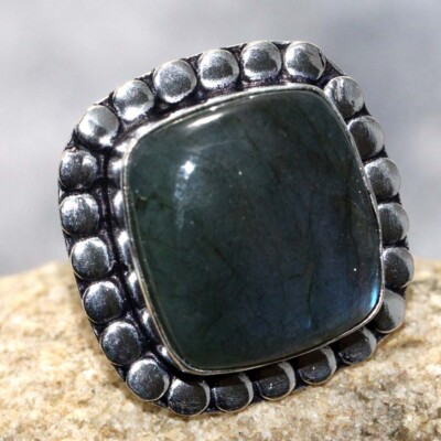 925 Silver Plated Fiery Labradorite Ethnic Ring Jewelry Size US 7.5 MJ