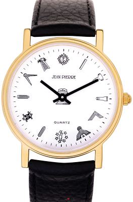 Herren Schwarz Leder Freimaurer Armbanduhr Weiß Gesicht Quarz Slimline Geschenkbox
