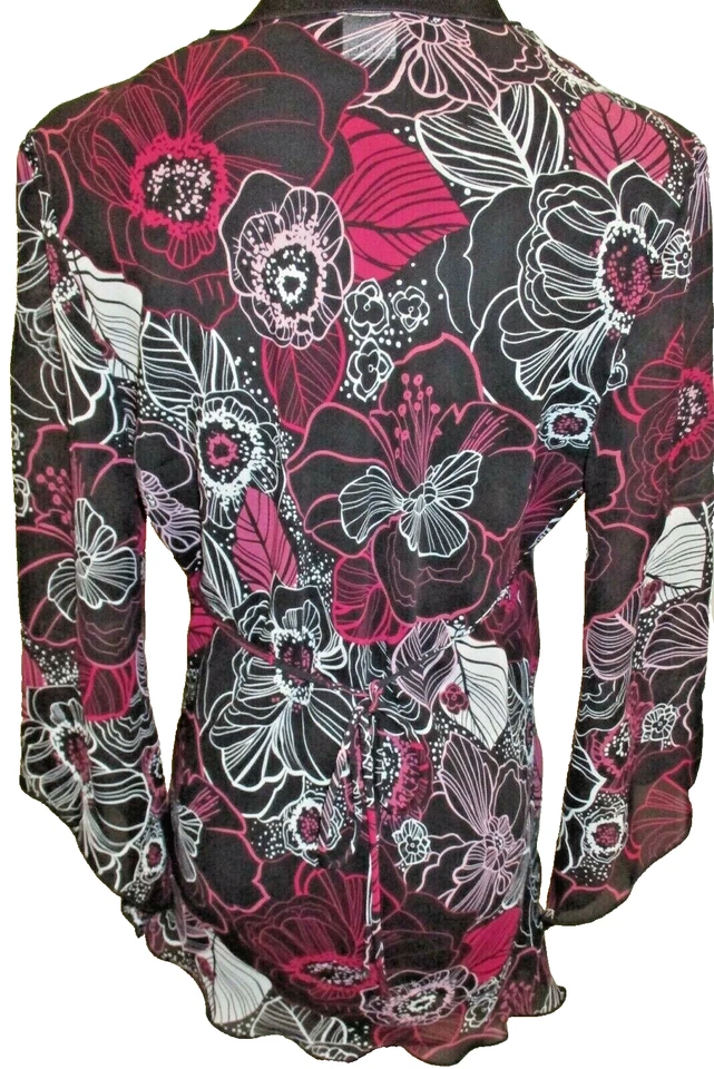 Blusa Tangenis de gasa transparente negra fucsia rosa flor cuello en V talla M para mujer Foto 3 de 4